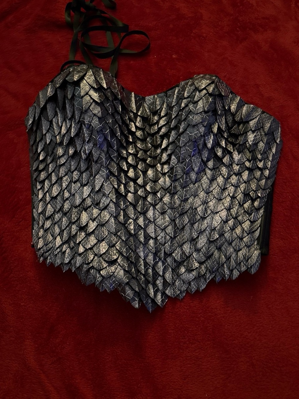 Dragon scale handmade Metallic Scale-Pattern Strapless Corset Top - Silver-Black